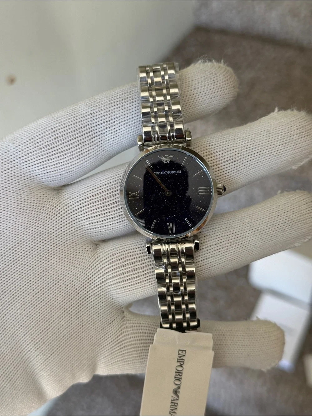 Emporio Armani women’s Silver Bracelet Watch with Sparkling Navy Dial